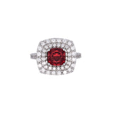 14K White Gold Cushion Cut Tanzanian Orange Garnet And Double Diamond Halo Ring