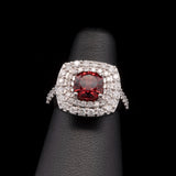 14K White Gold Cushion Cut Tanzanian Orange Garnet And Double Diamond Halo Ring