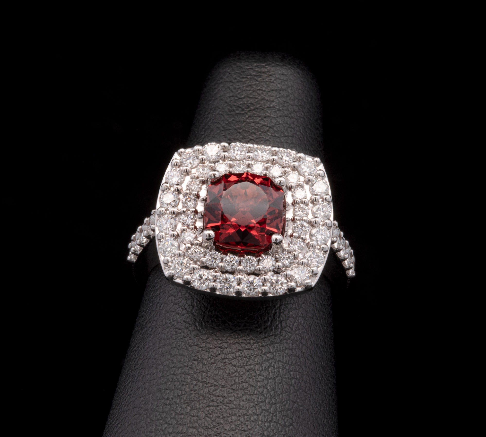 14K White Gold Cushion Cut Tanzanian Orange Garnet And Double Diamond Halo Ring