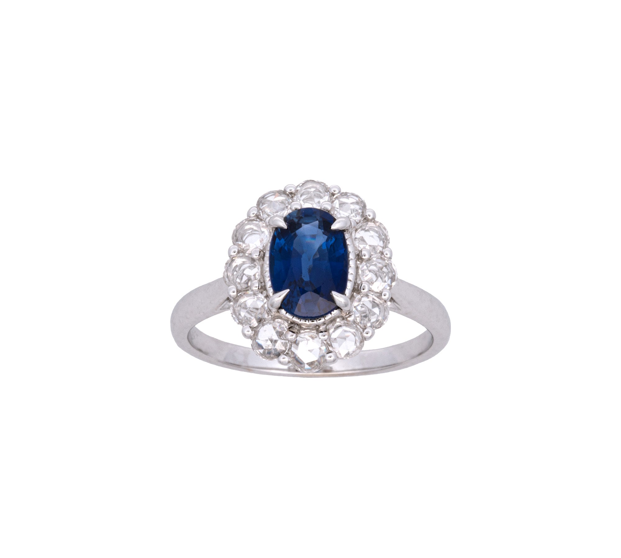 18K White Gold Oval Sapphire And Rose Cut Diamond Ring