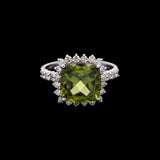 14K White Gold Cushion Cut Peridot And Diamond Halo Ring