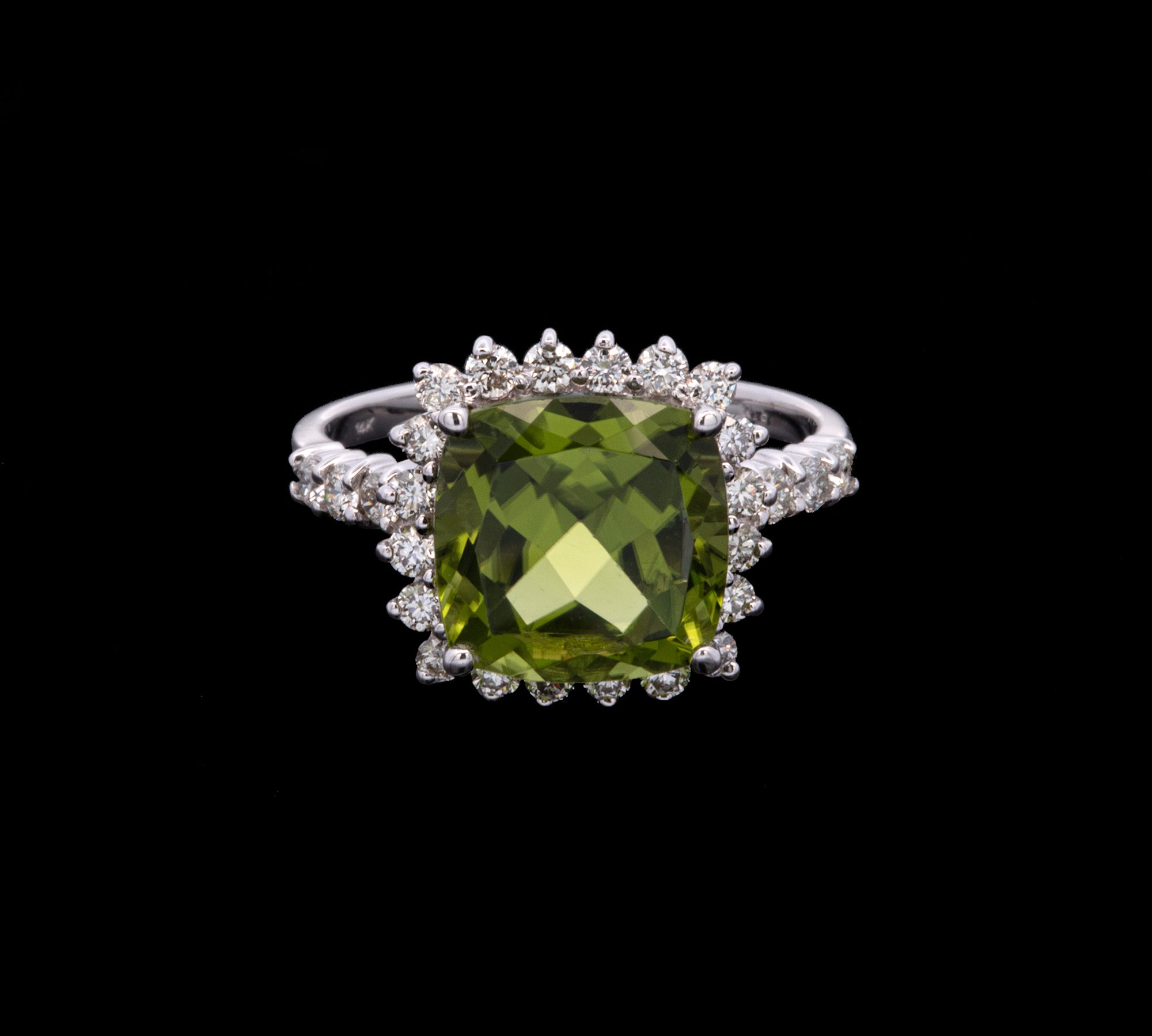 14K White Gold Cushion Cut Peridot And Diamond Halo Ring