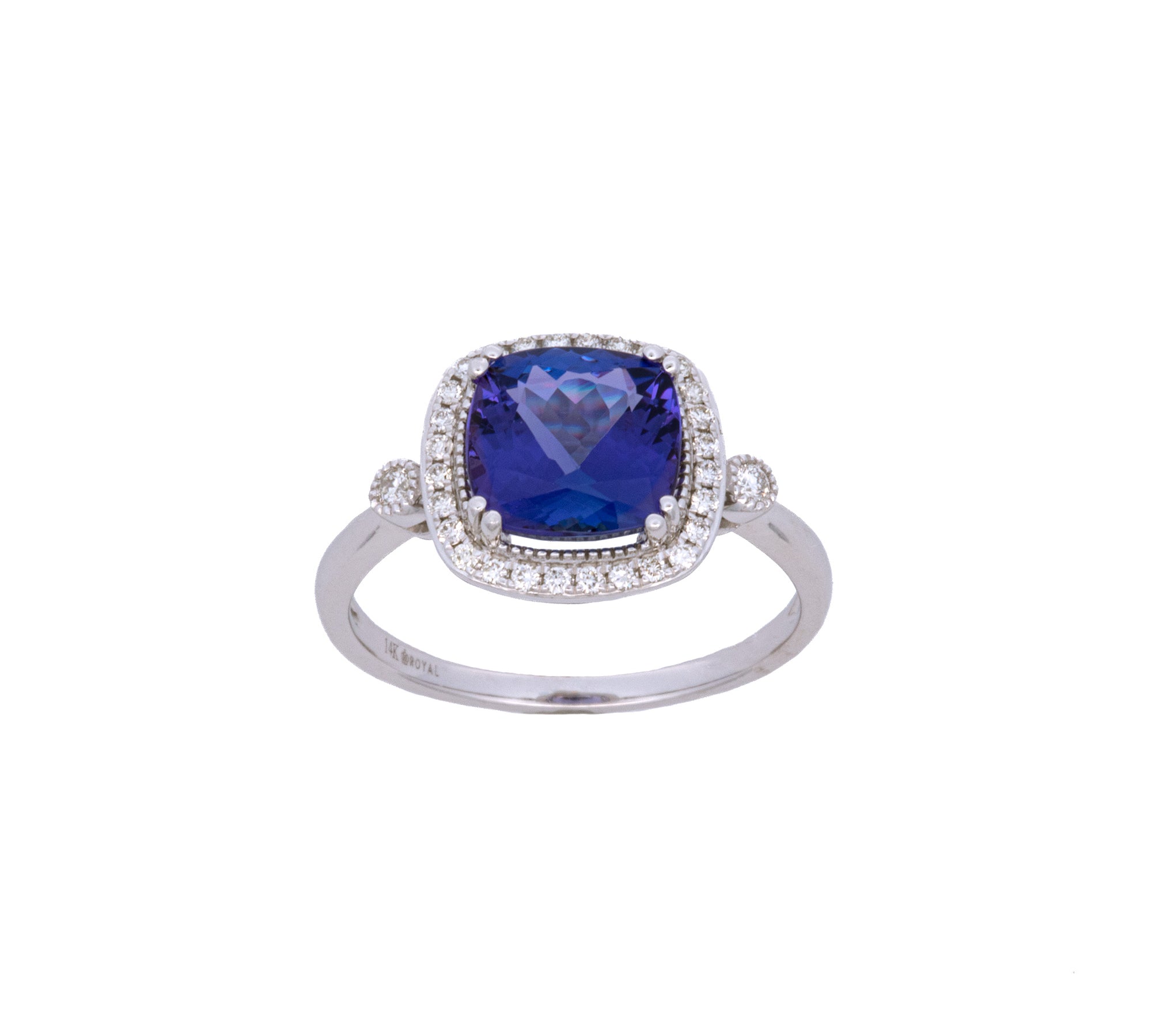 14K White Gold Cushion Cut Tanzanite And Diamond Ring