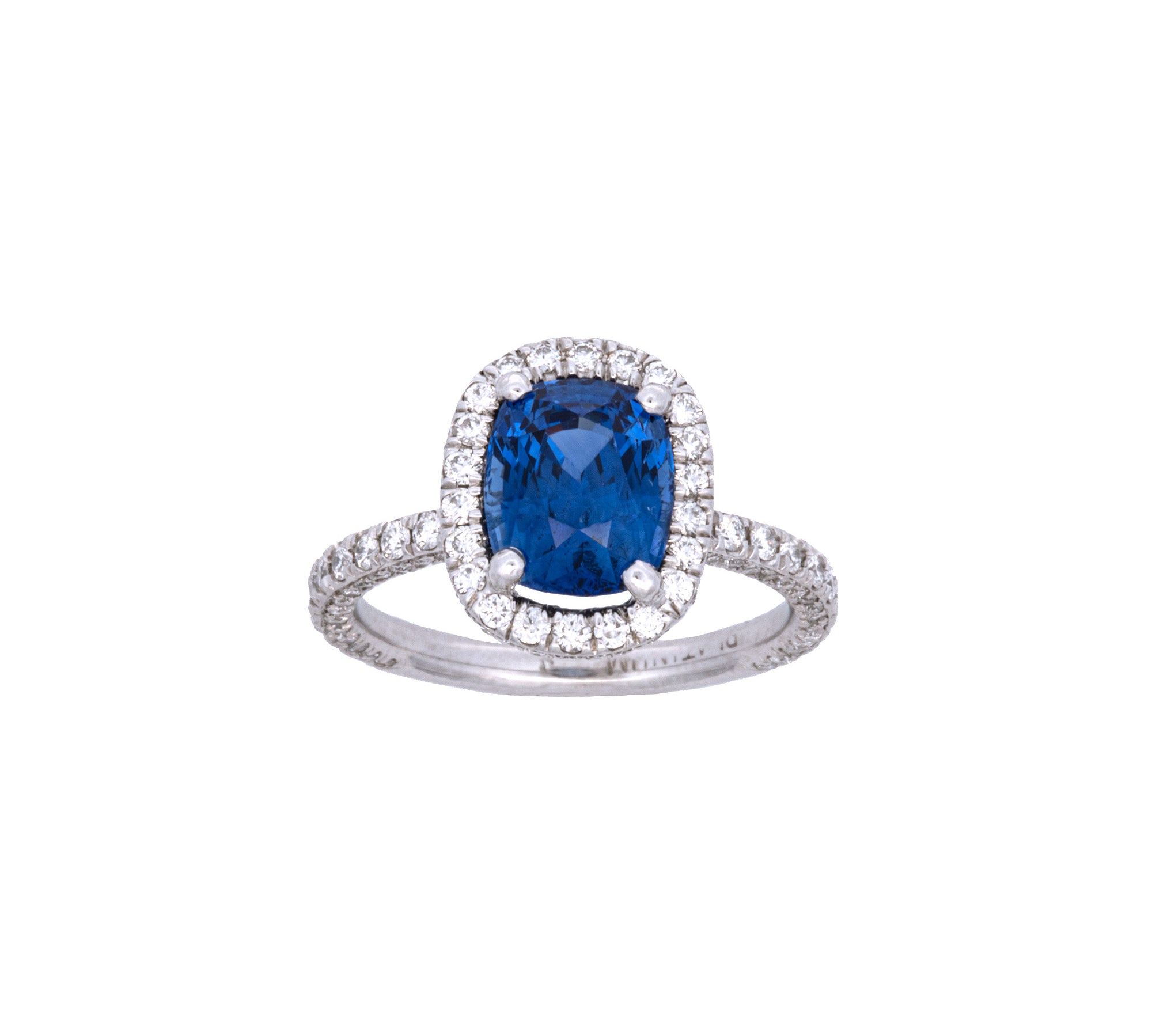 Platinum Cushion Cut Sapphire And Micro Pave Diamond Ring