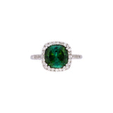 14K White Gold Cushion Cut Green Tourmaline And Diamond Halo Ring