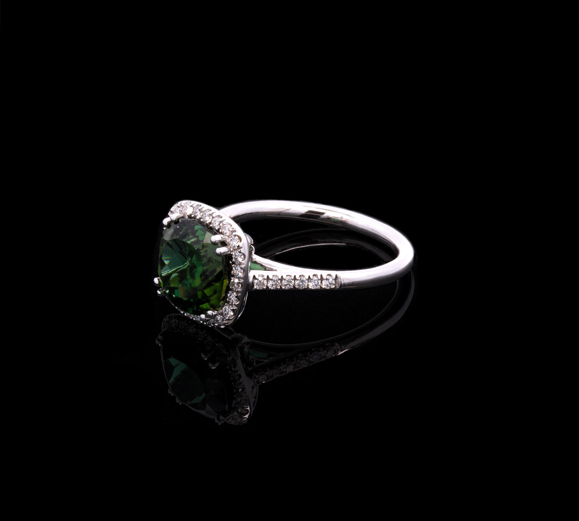 14K White Gold Cushion Cut Green Tourmaline And Diamond Halo Ring