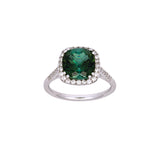 14K White Gold Cushion Cut Green Tourmaline And Diamond Halo Ring