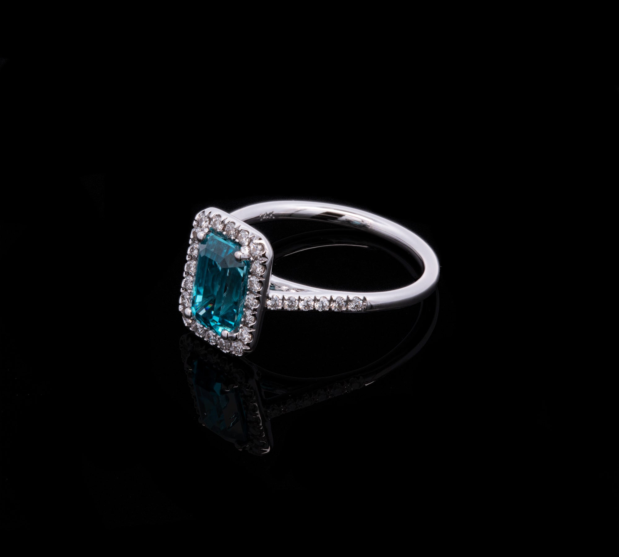 14K White Gold Blue Zircon And Diamond Halo Ring