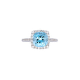 14K White Gold Cushion Cut Aquamarine And Diamond Halo Ring