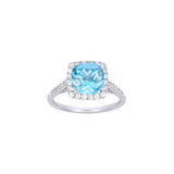 14K White Gold Cushion Cut Aquamarine And Diamond Halo Ring