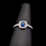 18K White Gold Cushion Cut Sapphire And Diamond Halo Ring