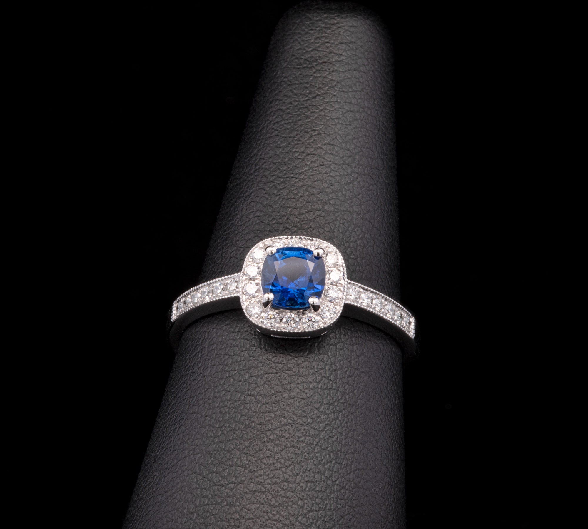 18K White Gold Cushion Cut Sapphire And Diamond Halo Ring