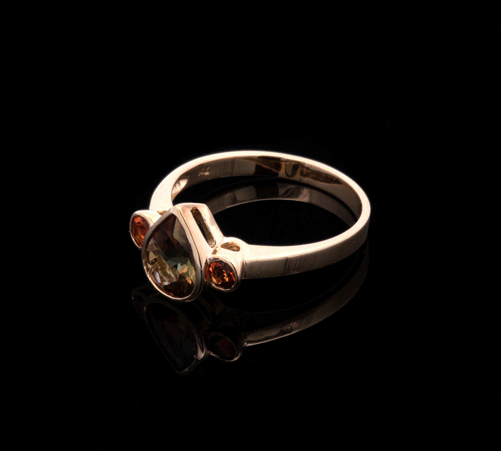 14K Yellow Gold Pear Shaped Andalucite Ring With Round Spessartine Garnet Accents