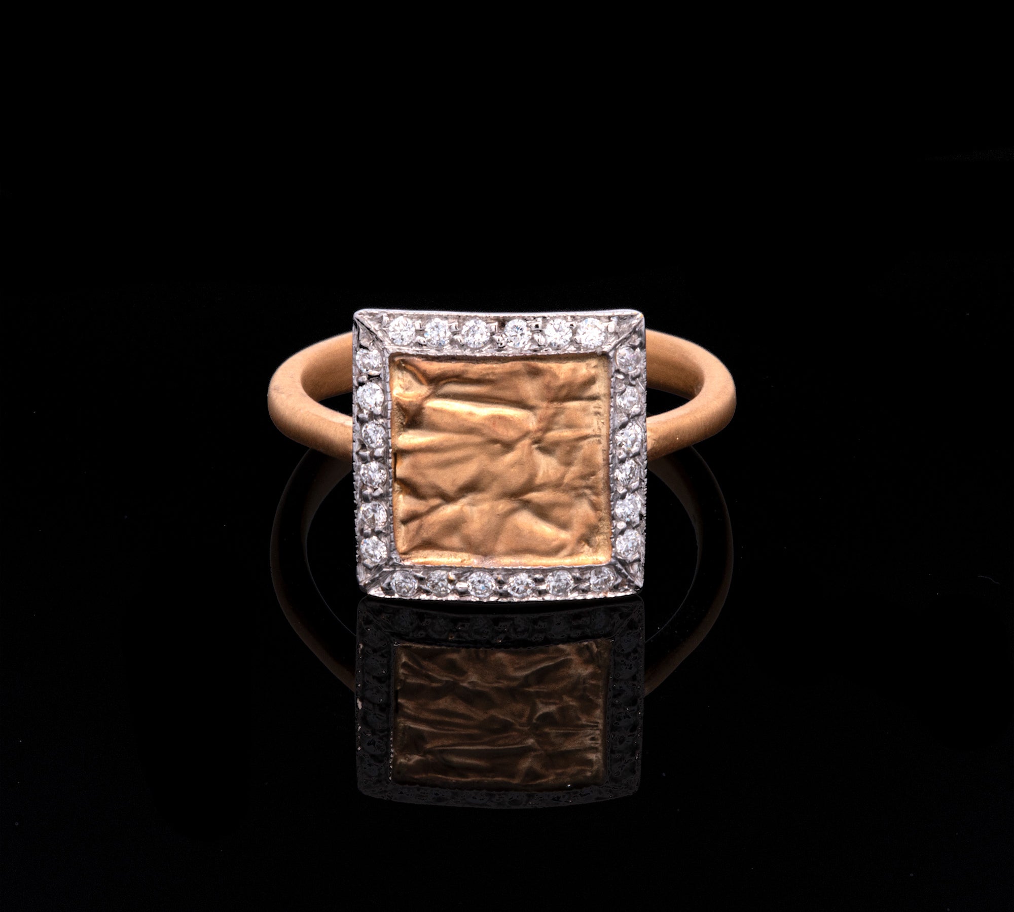 18K White And 24K Yellow Gold Square Ring With Diamond Accents