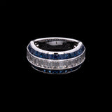 18K White Gold Three Row Channel Sat Sapphire And Diamond Band