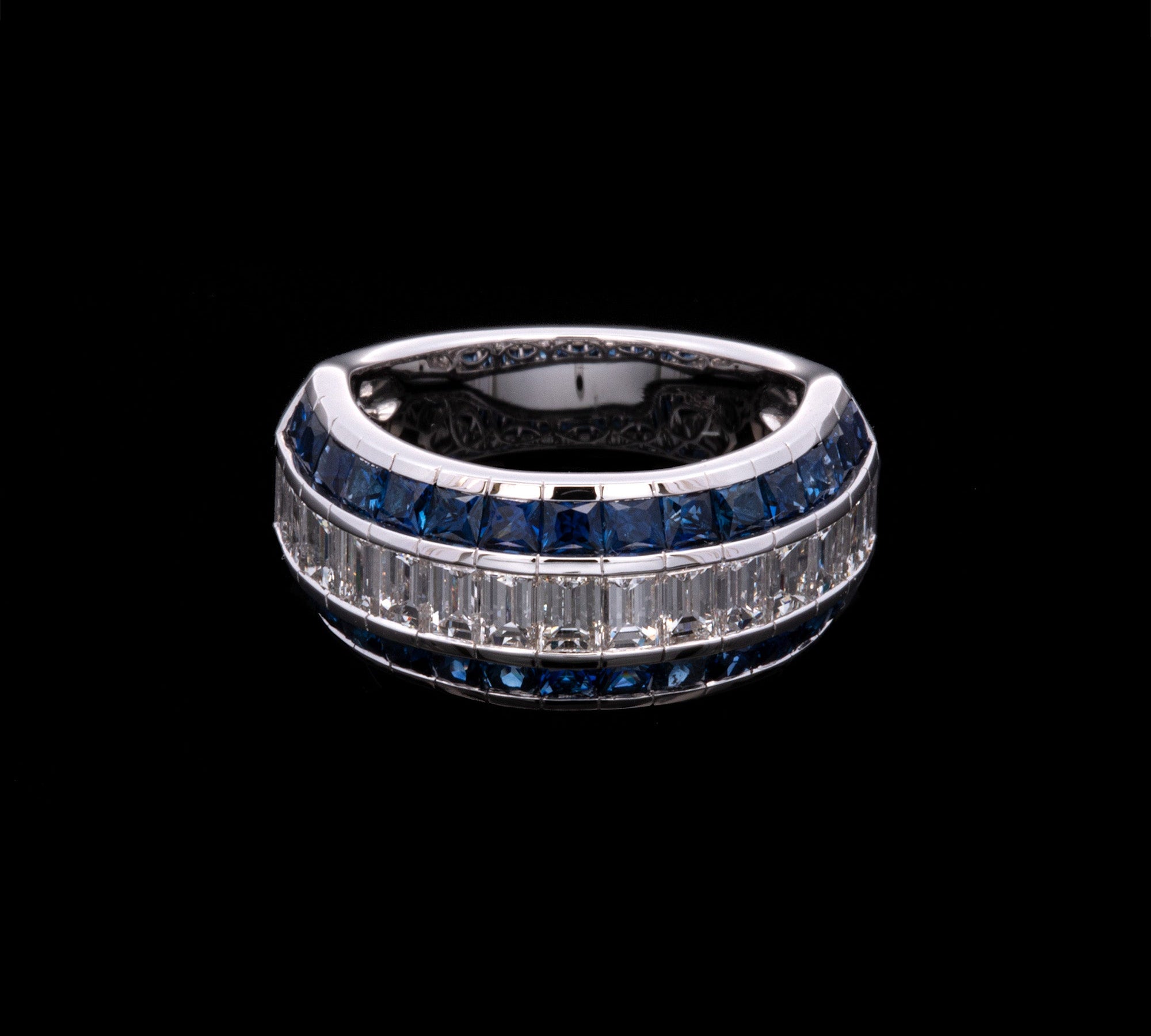 18K White Gold Three Row Channel Sat Sapphire And Diamond Band