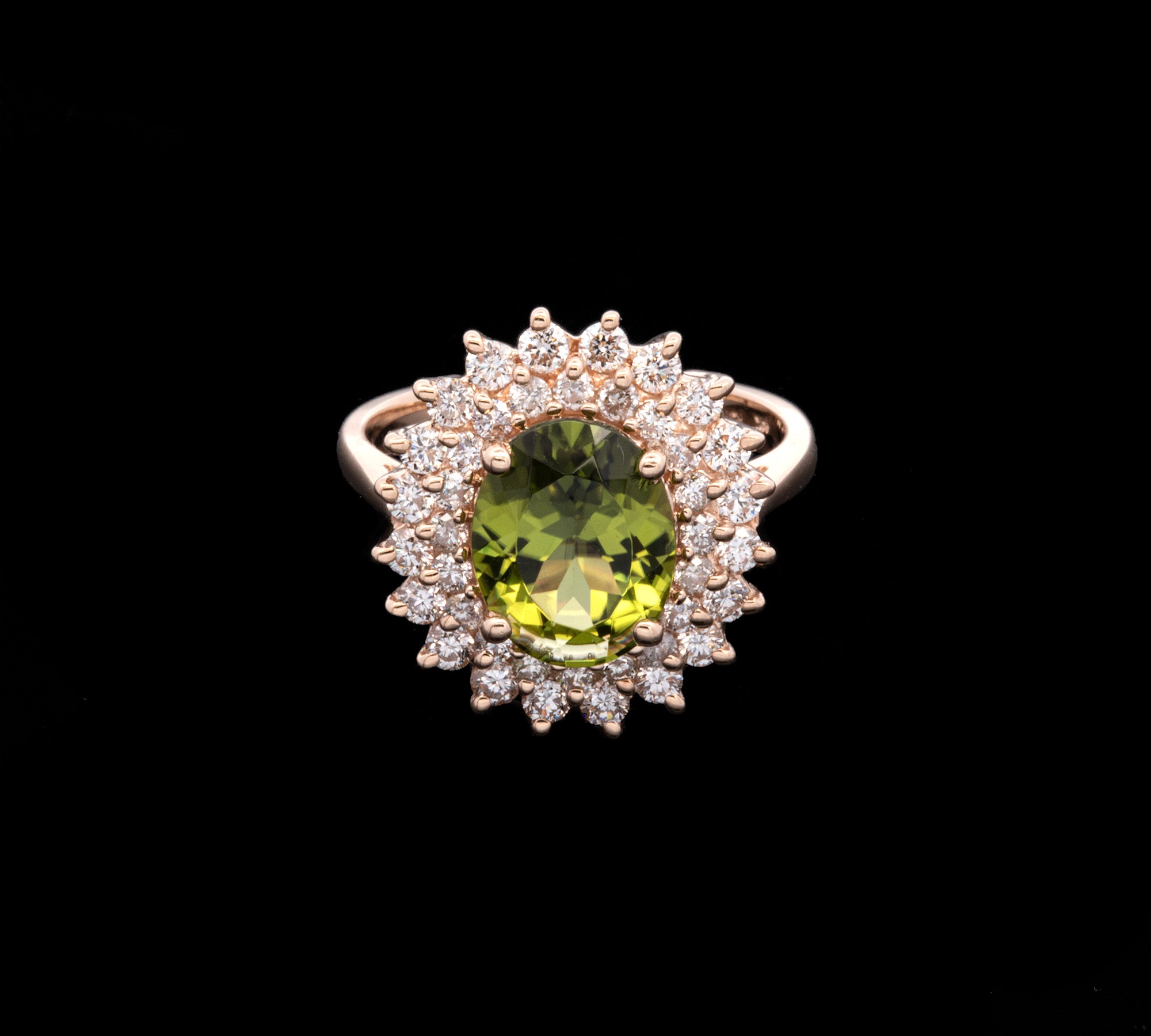 14K Yellow Gold Peridot And Double Diamond Halo Ring