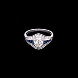 Platinum Old Mine Cut Diamond And Sapphire Ring