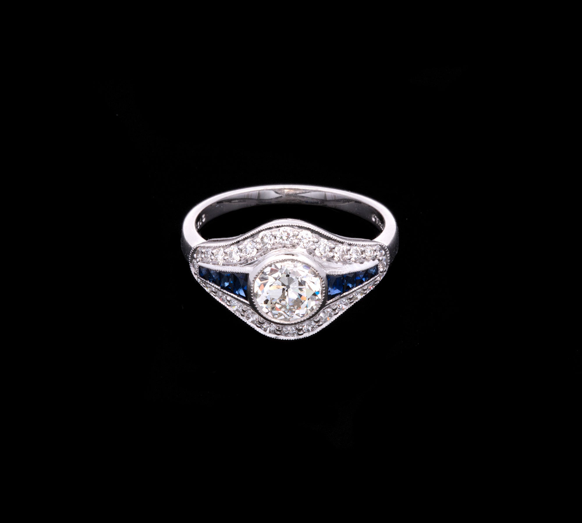 Platinum Old Mine Cut Diamond And Sapphire Ring