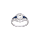 Platinum Old Mine Cut Diamond And Sapphire Ring