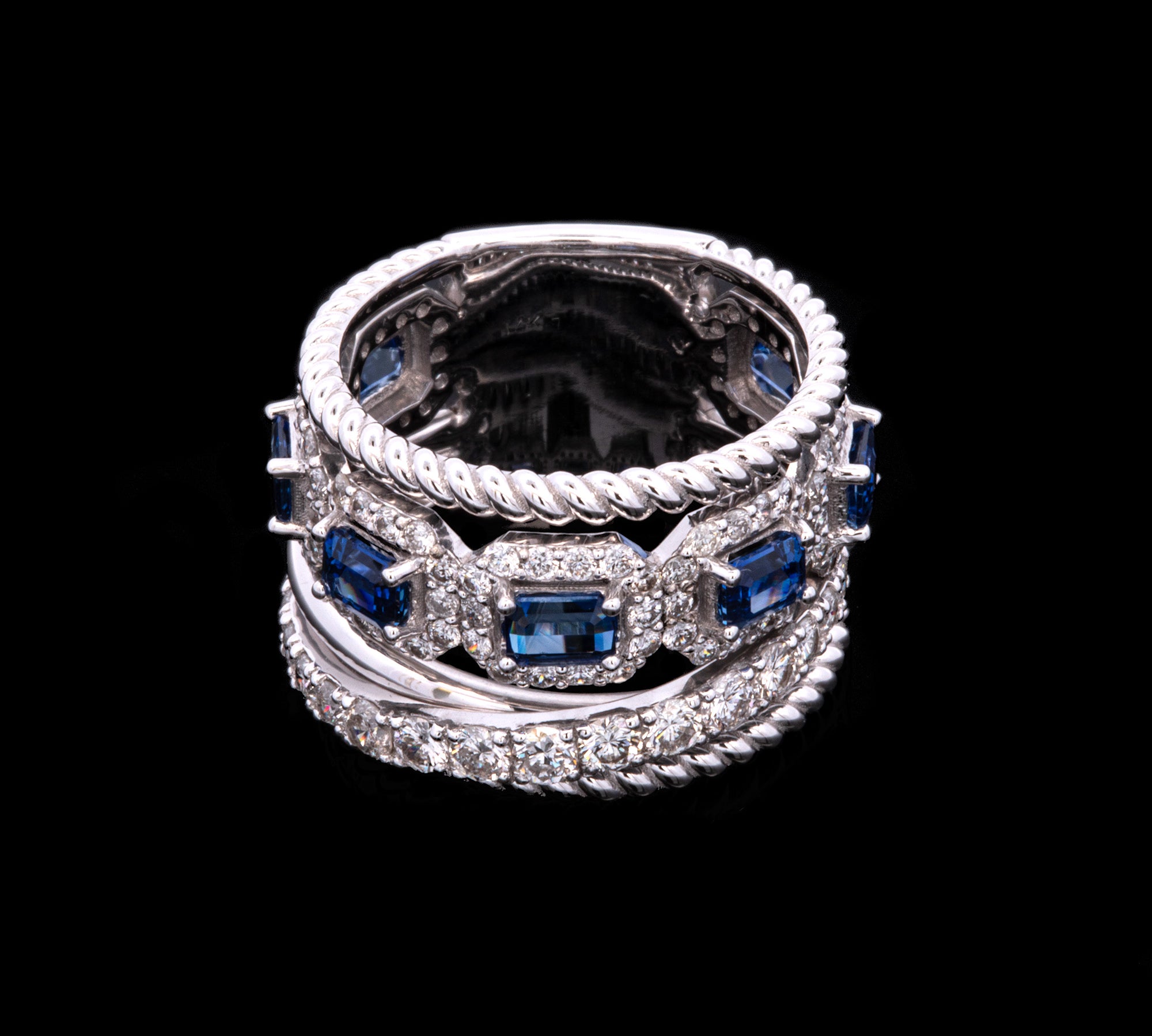 14K White Gold Sapphire And Diamond Multi Band