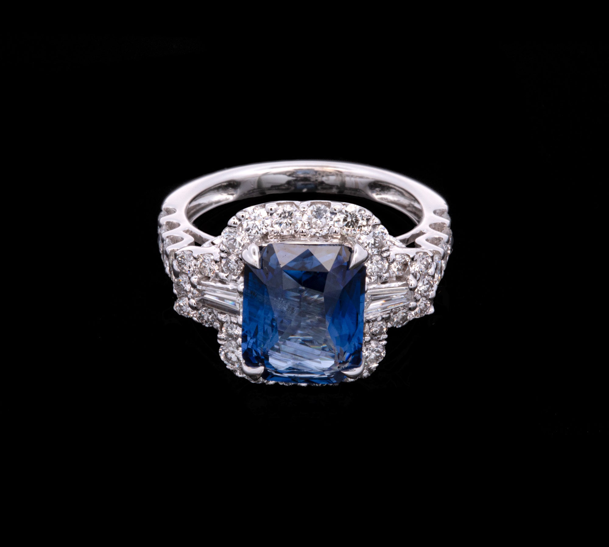14K White Gold Rectangular Sapphire and Diamond Ring