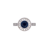 14K White Gold Bezel Set Sapphire And Diamond Ring With Milgrain Edge