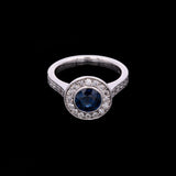 14K White Gold Bezel Set Sapphire And Diamond Ring With Milgrain Edge