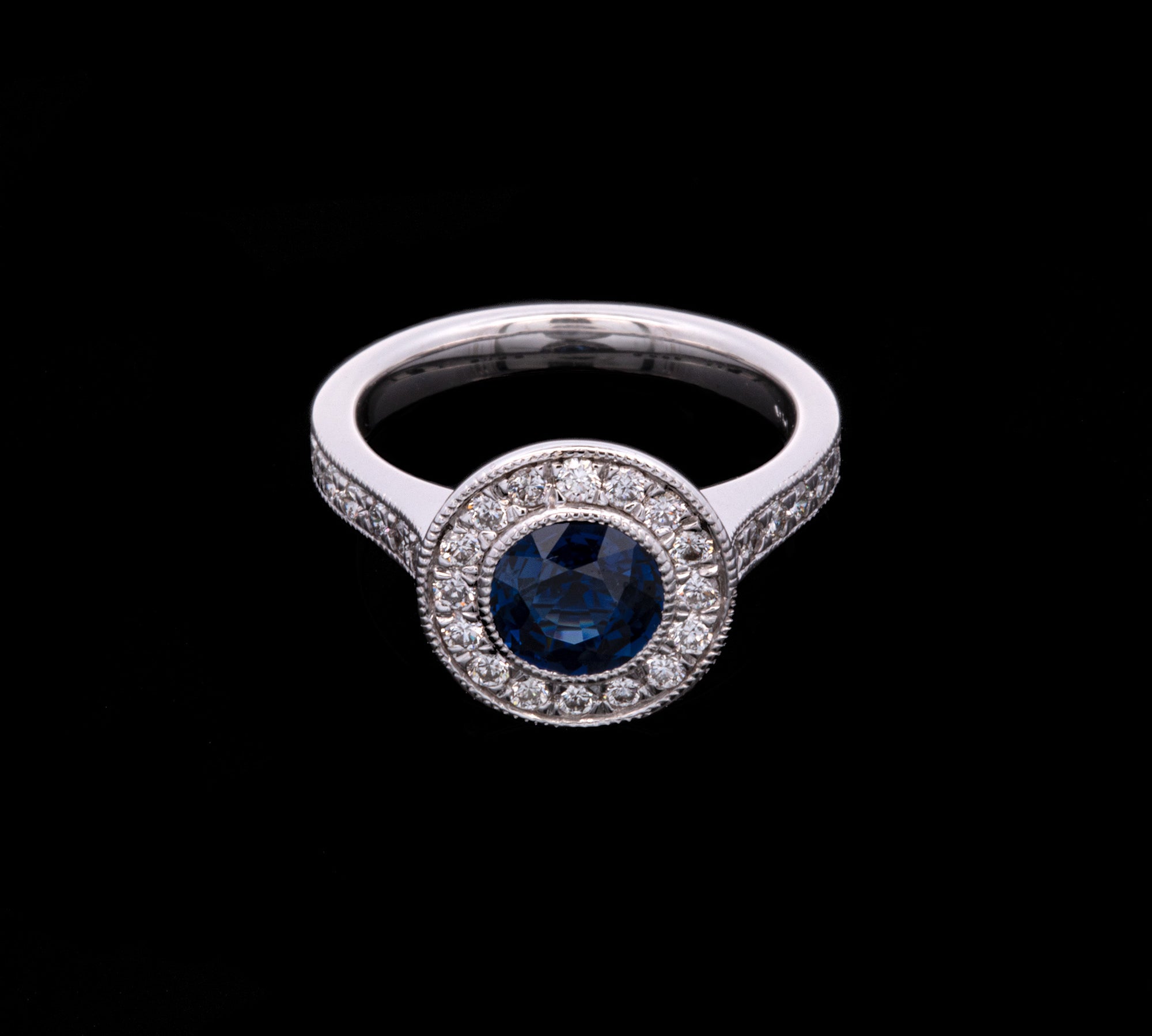 14K White Gold Bezel Set Sapphire And Diamond Ring With Milgrain Edge