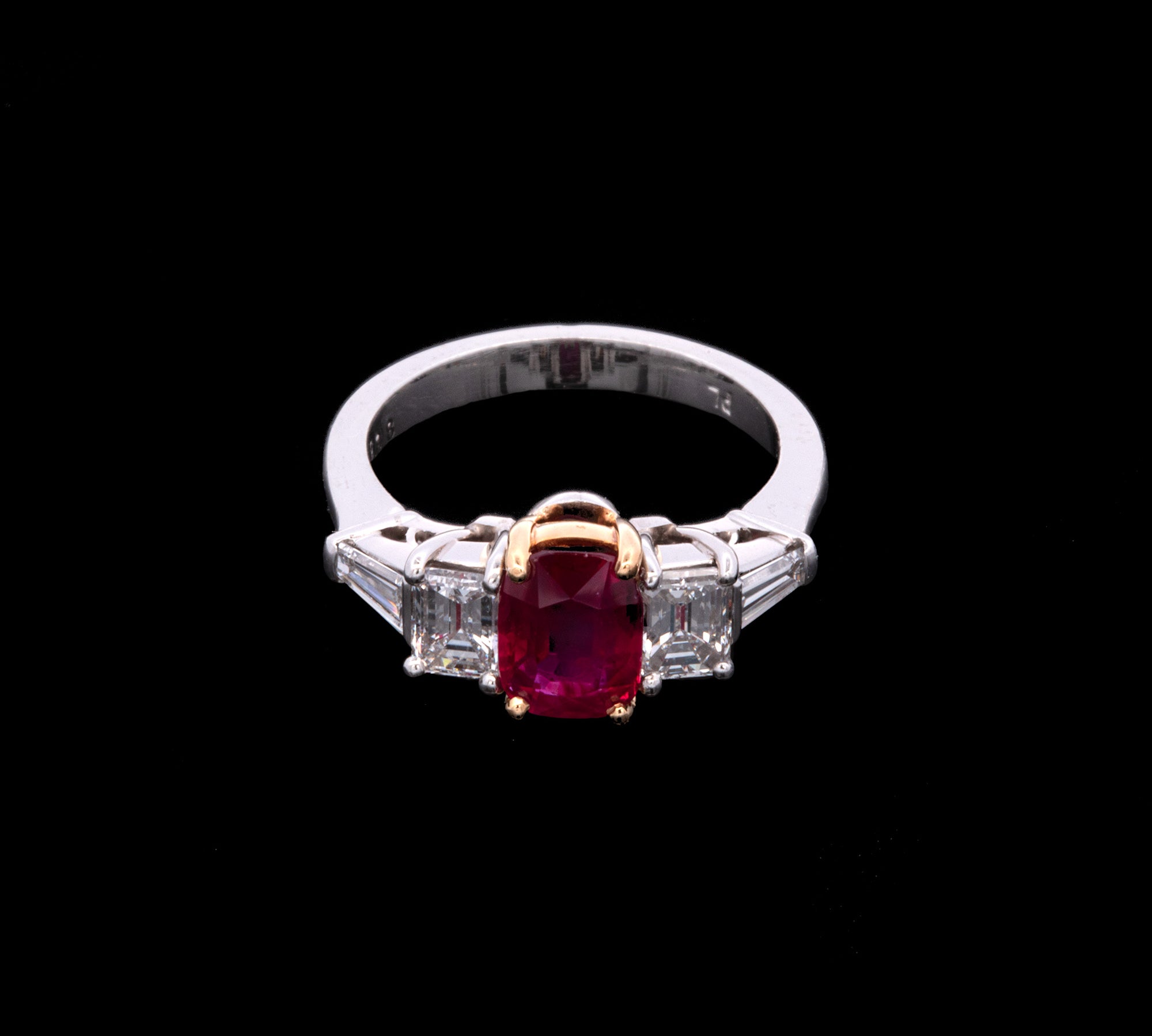 Platinum And 18K Yellow Gold Cushion Cut Ruby And Diamond Ring