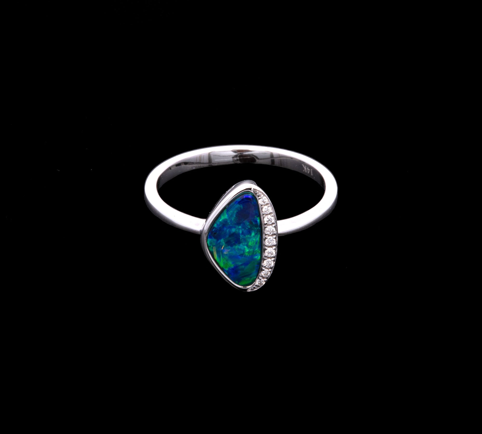 14K White Gold Oval Opal And Pave Diamond Ring
