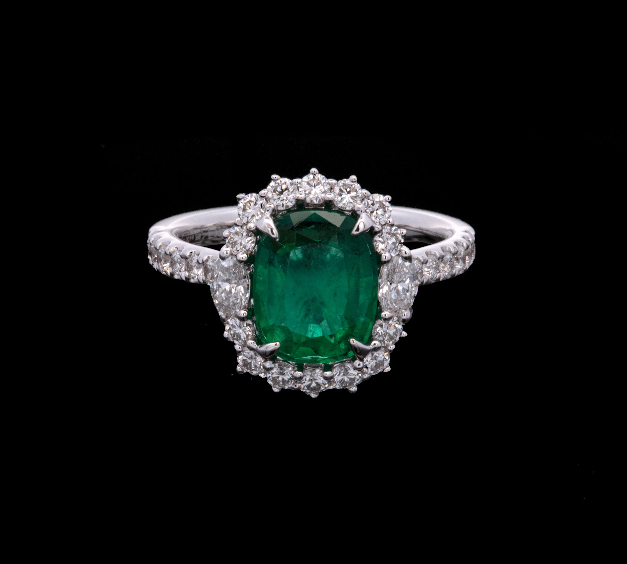 18K White Gold Emerald And Diamond Halo Ring