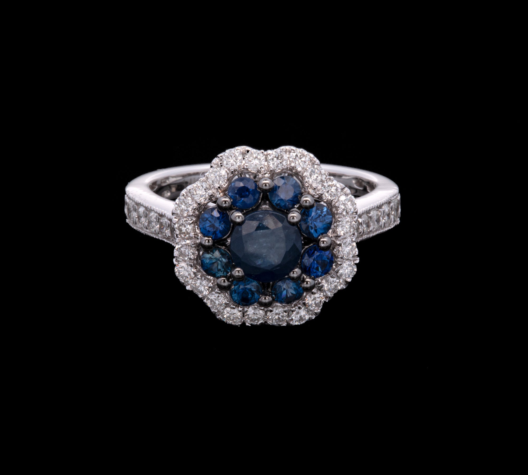 14K White Gold Sapphire And Diamond Halo Ring