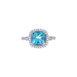 14K White Gold Blue Topaz And Diamond Halo Ring