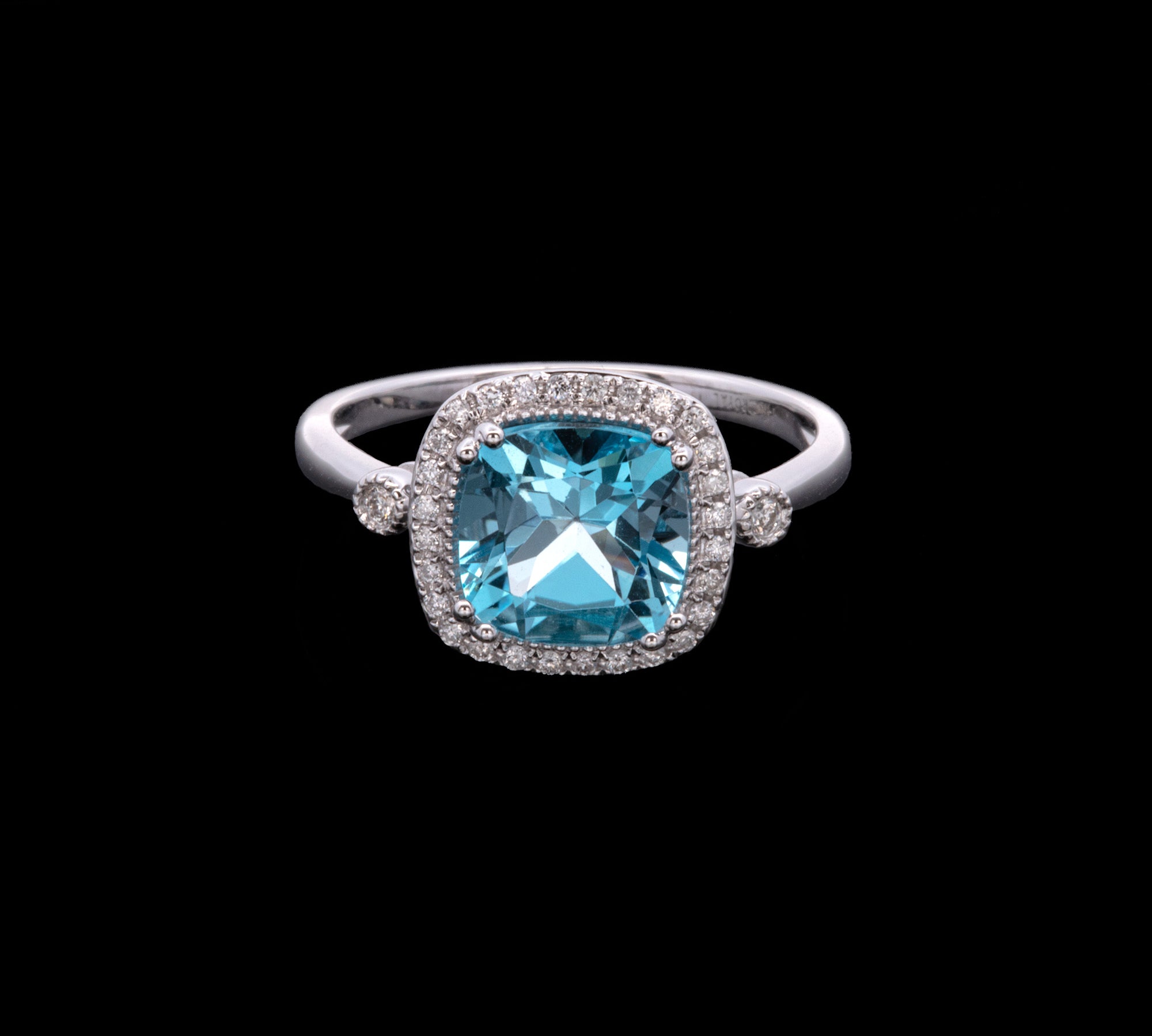 14K White Gold Blue Topaz And Diamond Halo Ring
