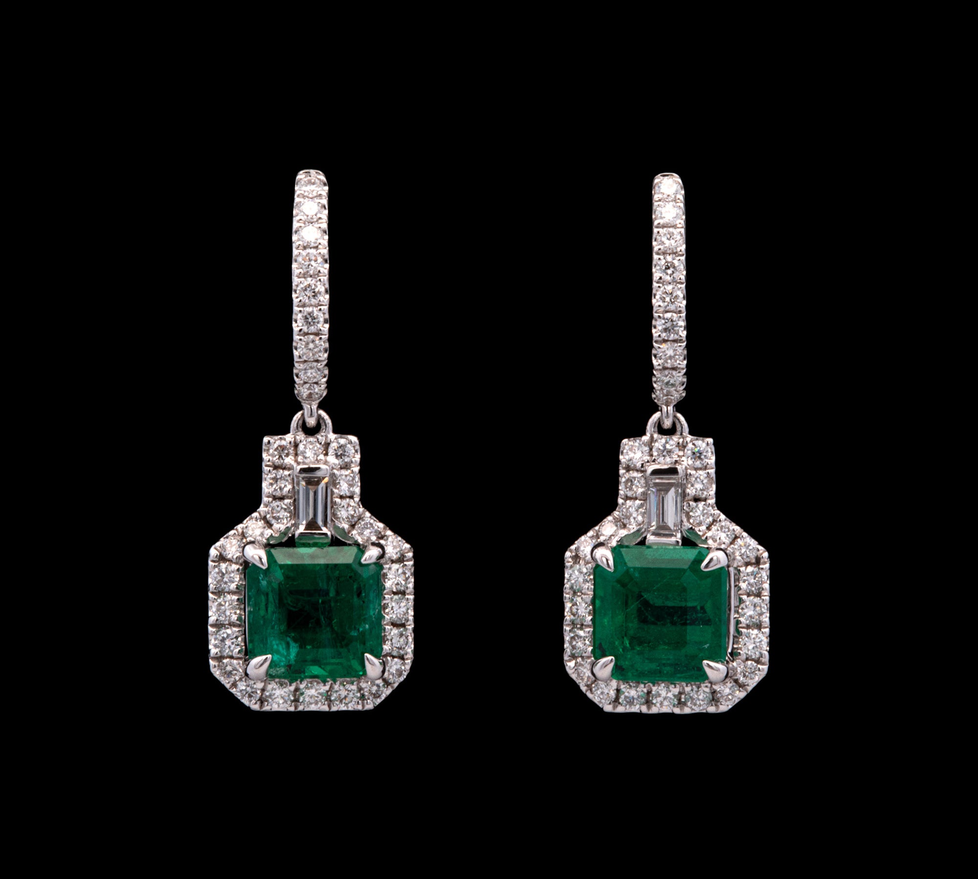 18K White Gold Emerald And Diamond Drop Earrings