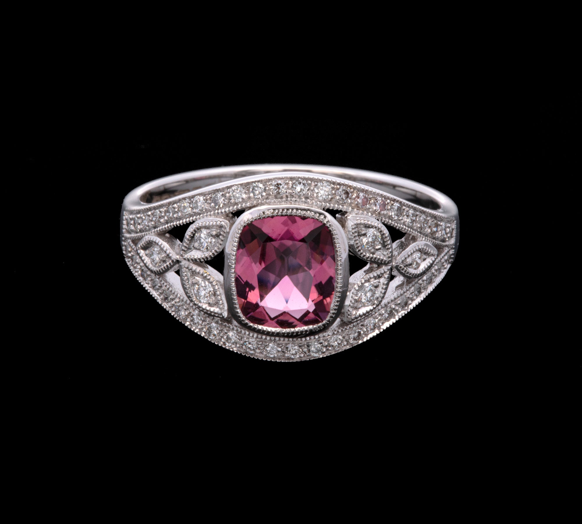 18K White Gold Cushion Cut Pink Tourmaline And Diamond Ring