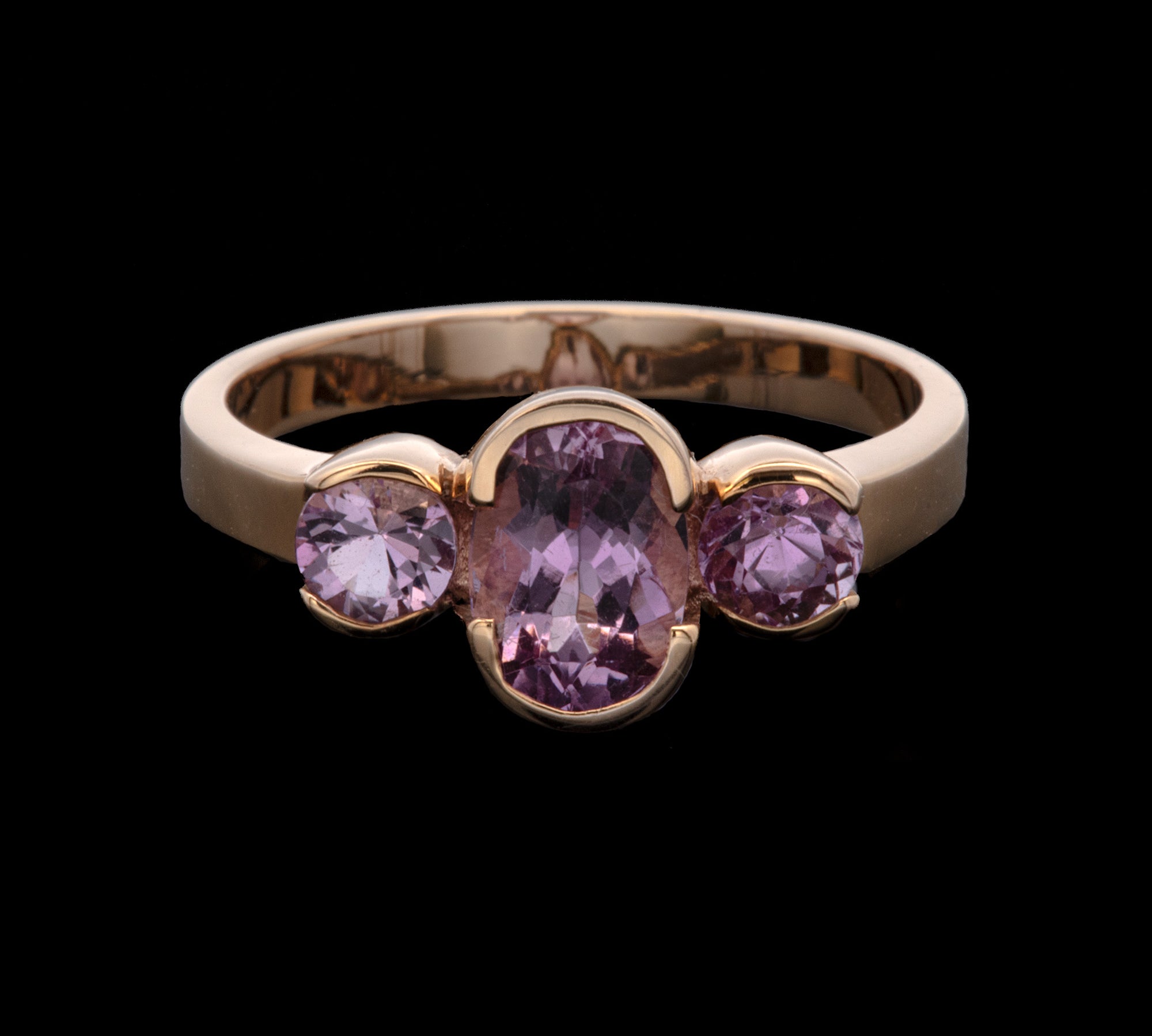 14K Yellow Gold Bezel Set Pink Imperial Topaz Three Stone Ring