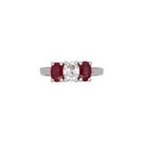 Platinum Three Stone Oval Diamond And Ruby Ring