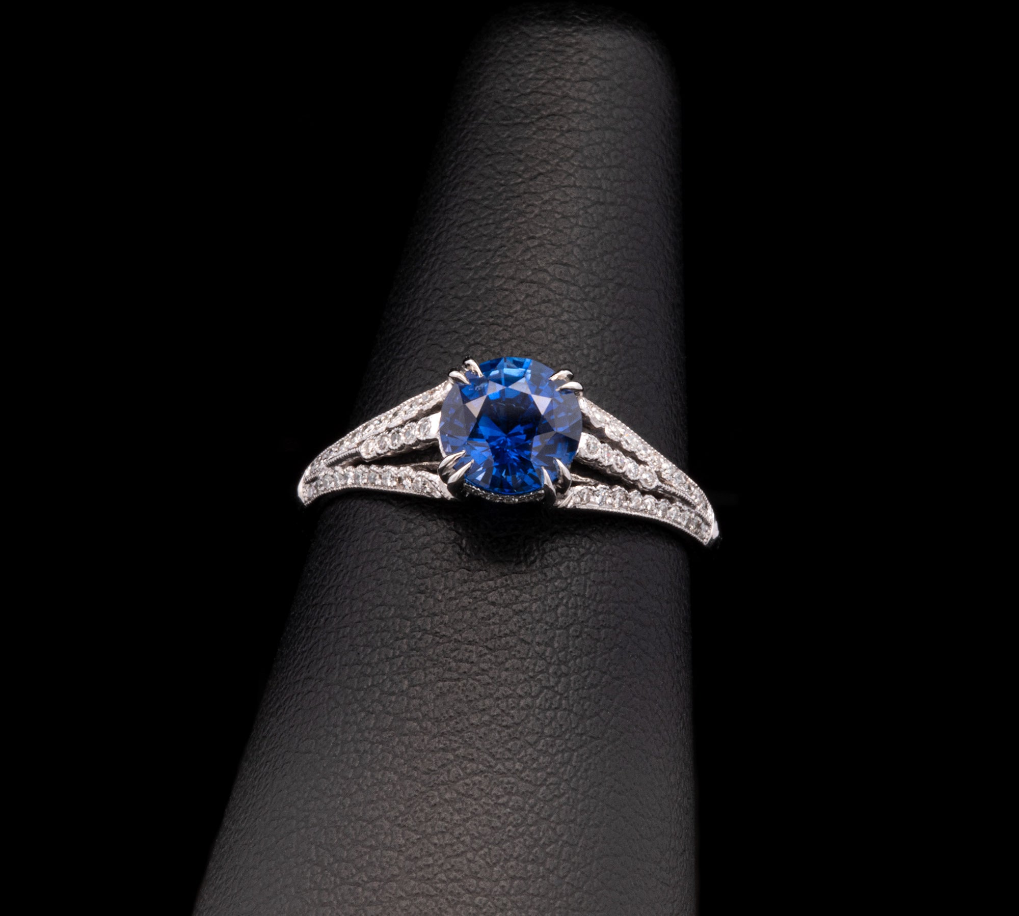 Platinum Sapphire And Diamond Ring With Milgrain