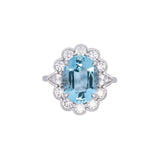 18K White Gold Oval Aquamarine And Diamond Halo Ring