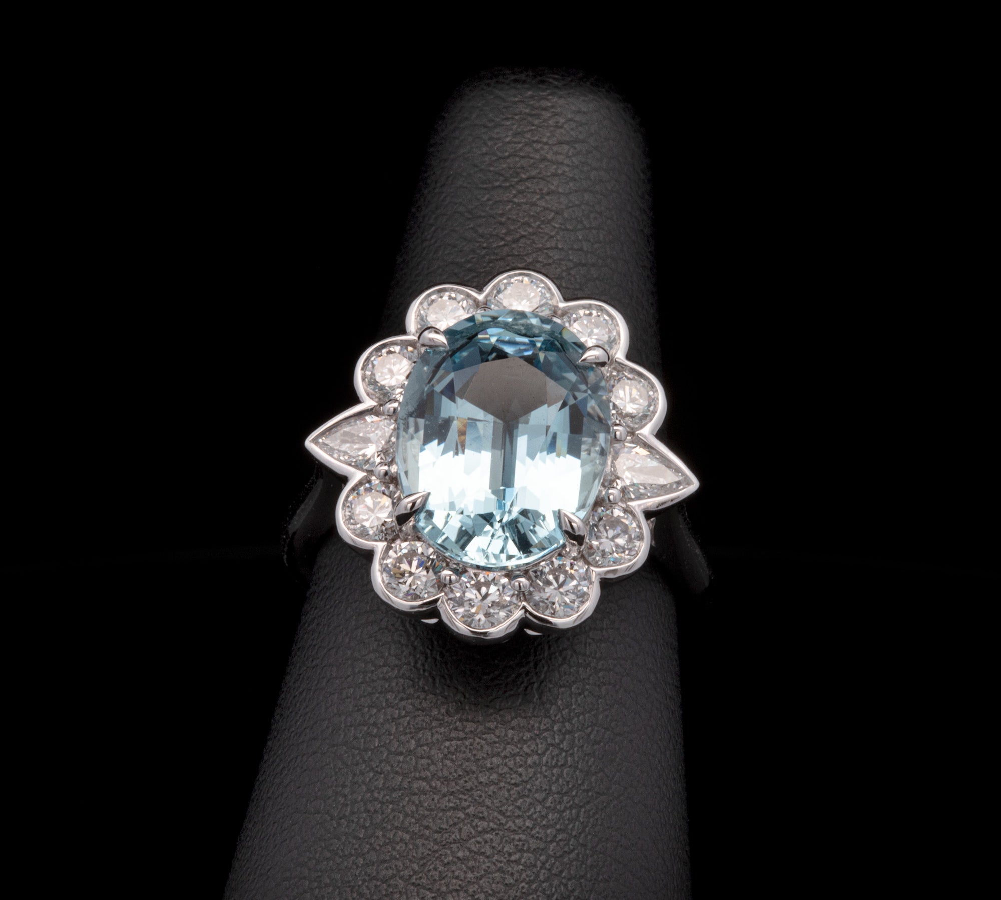 18K White Gold Oval Aquamarine And Diamond Halo Ring