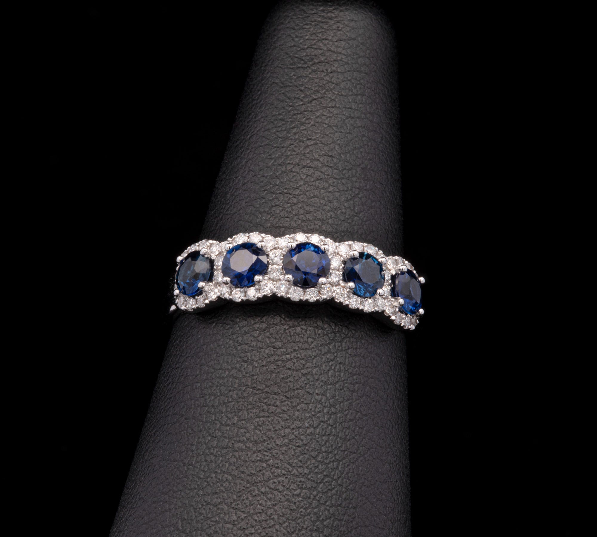 18K White Gold Five Sapphire And Diamond Halo Band