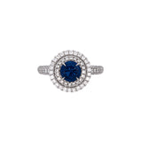 18K White Gold Sapphire And Double Diamond Halo Ring