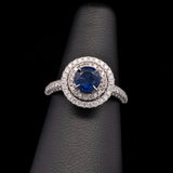 18K White Gold Sapphire And Double Diamond Halo Ring