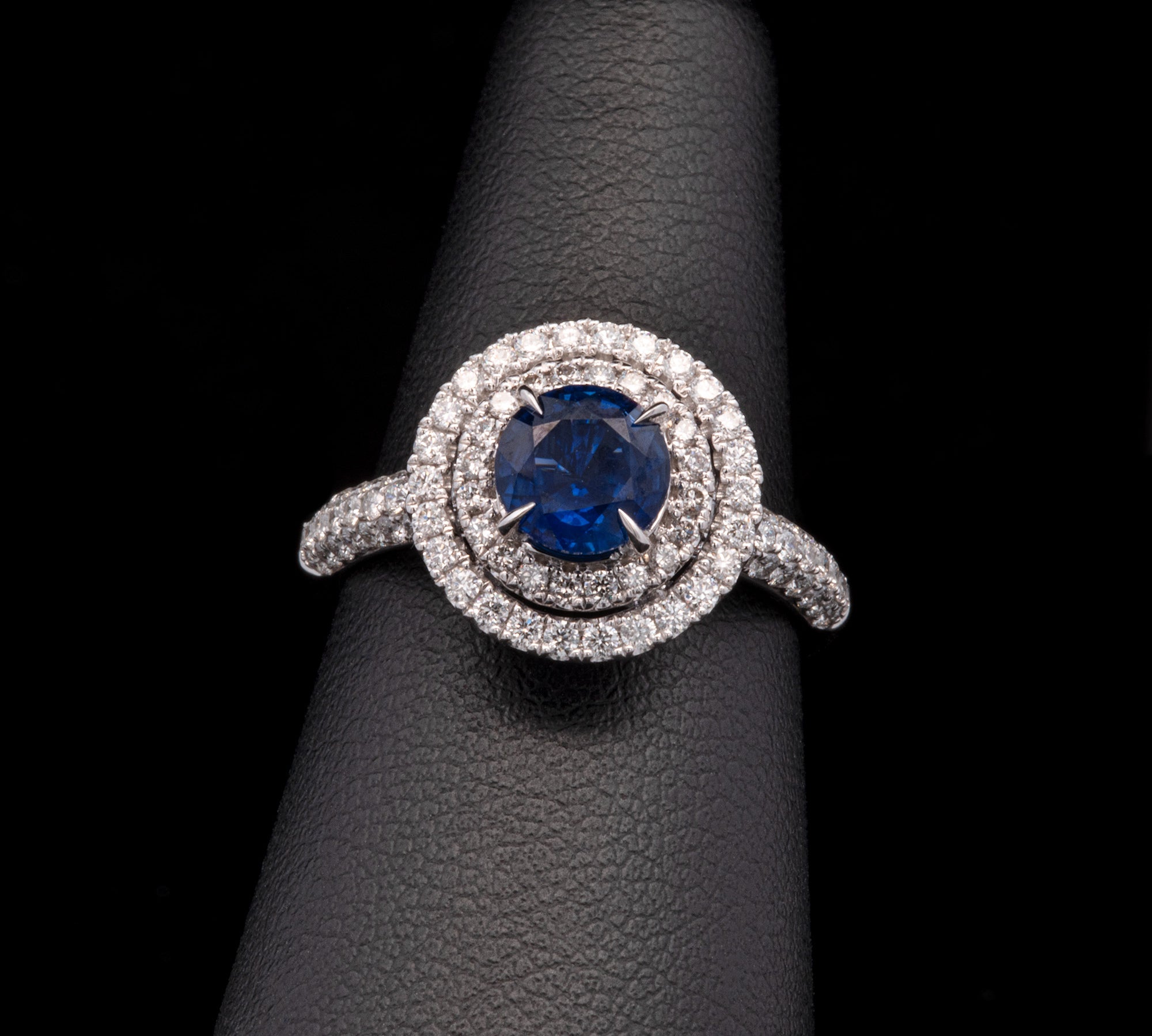 18K White Gold Sapphire And Double Diamond Halo Ring