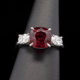 Platinum Cushion Cut Red Spinel Ring With Oval Diamond Accents