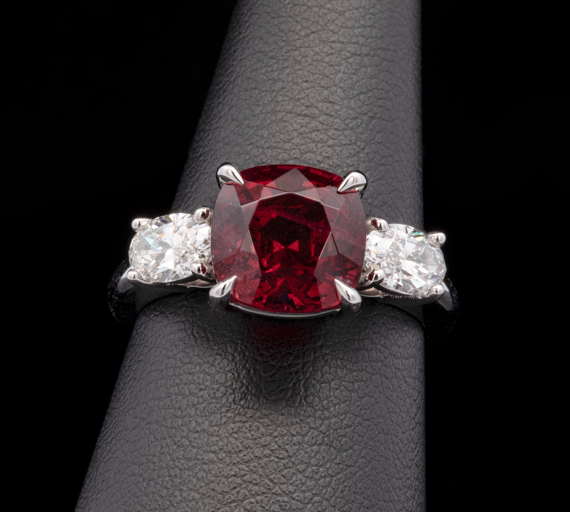 Platinum Cushion Cut Red Spinel Ring With Oval Diamond Accents
