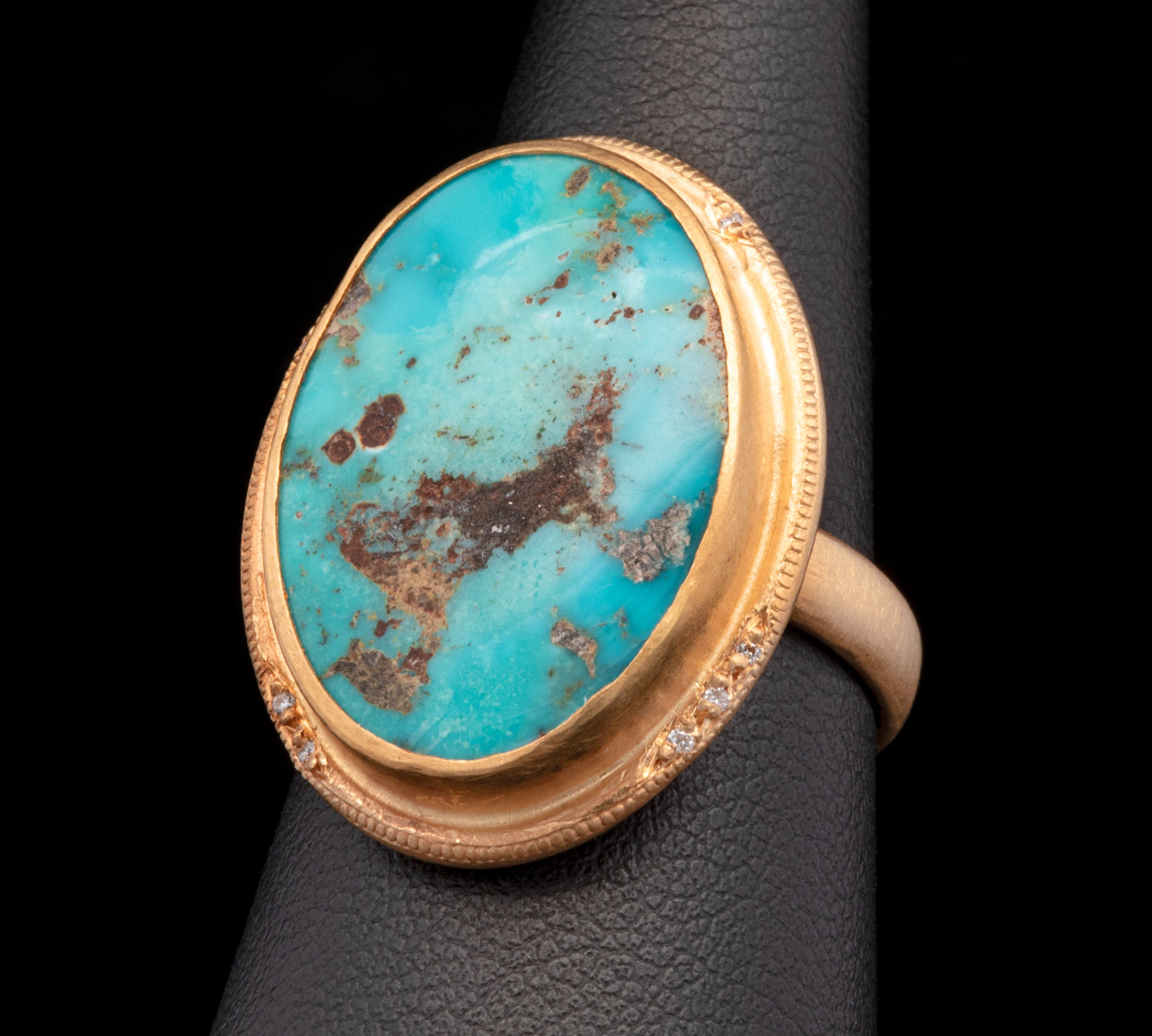 24K Yellow Gold Oval Turquoise Ring With Diamond Accents