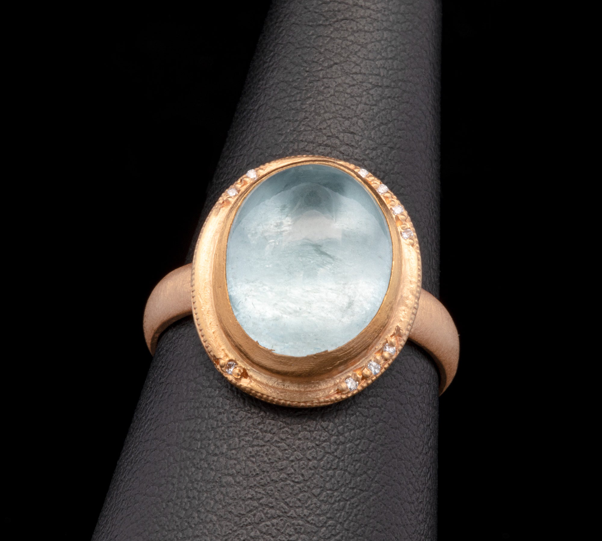 24K Yellow Gold Cabochon Aquamarine Ring With Diamond Accents